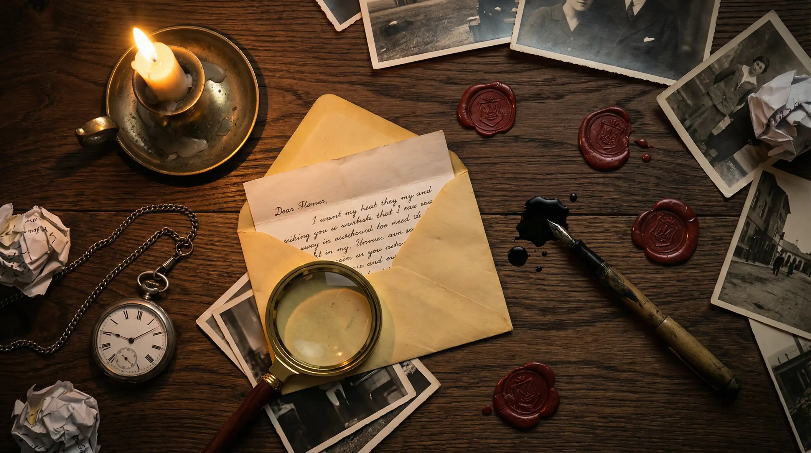 蜜桃视频 侦探书桌场景 - 散落的信件与线索